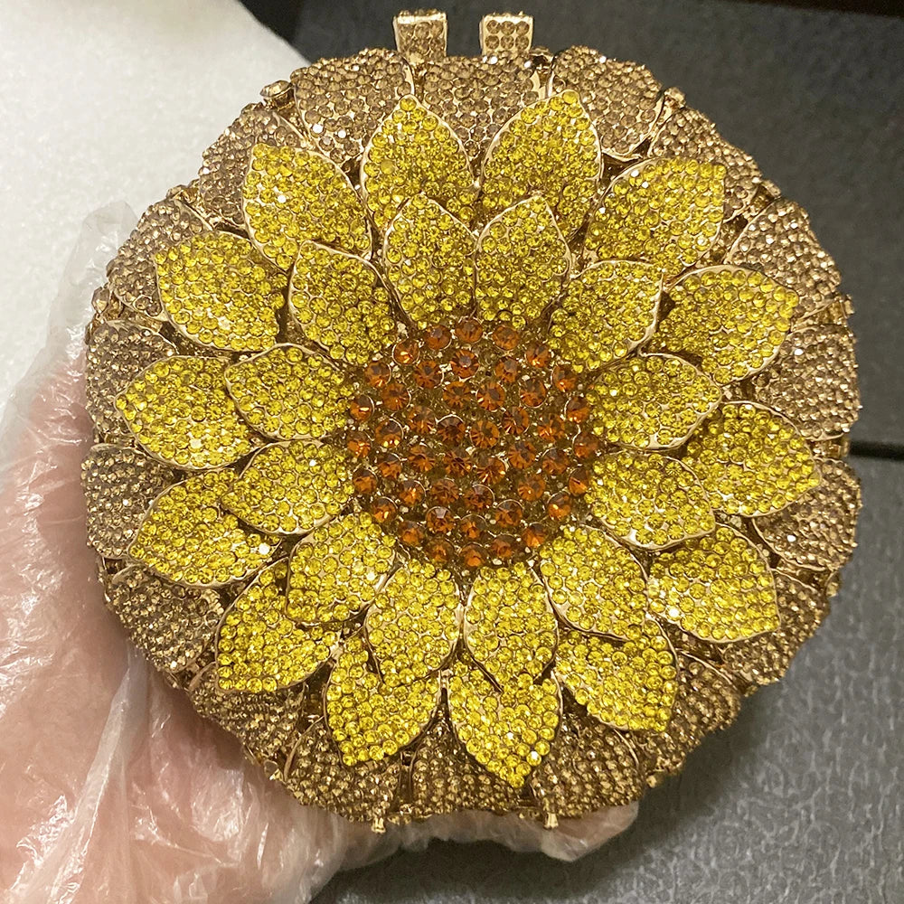 Gold/Yellow Sunflower Clutch Crystal Round Evening Bags Women Wedding Purse Bridal Bags Party Dazzling Diamond Handbags Minaudie
