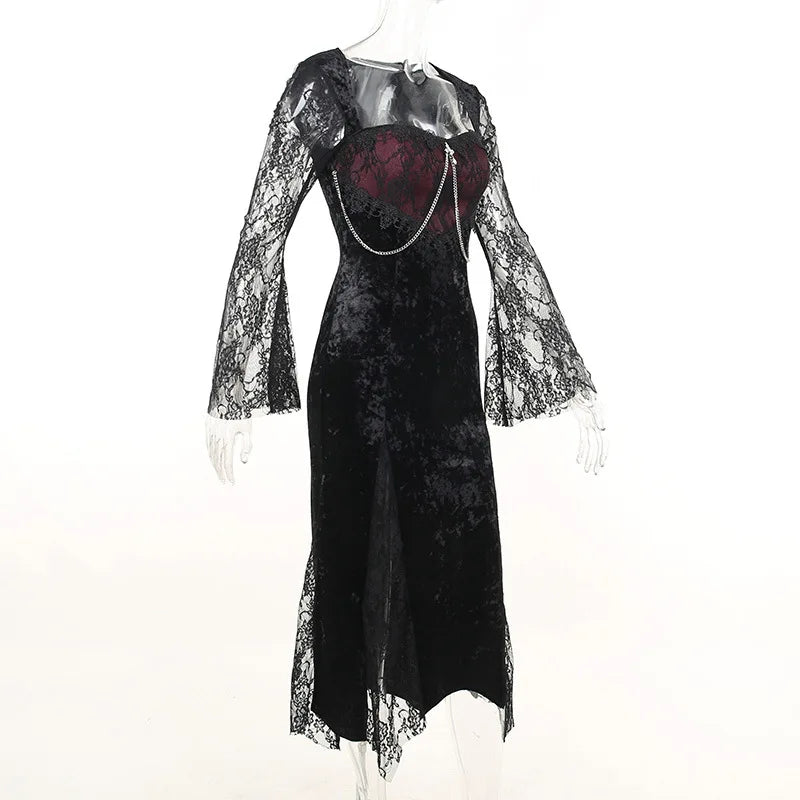 Goth Dark Elegant Mall Gothic Women Evening Dresses Grunge Aesthetic E-girl Velvet Midi Dress Lace Splice Sexy Split Alt Outfits