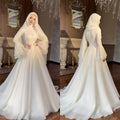 Custom Muslim Wedding Dress High Neck Chiffon Ball Gown with Hijab Bell Sleeves Modest Bridal Gown with Sparkly Cuffs