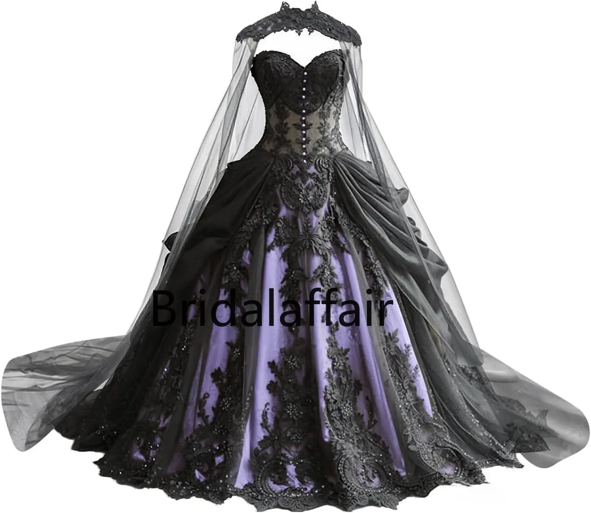 Gothic Weeding Dresses for Brides Black Lace Applique Bridal Dresses Embroidery Tiered Tulle Wedding Gowns with Cape