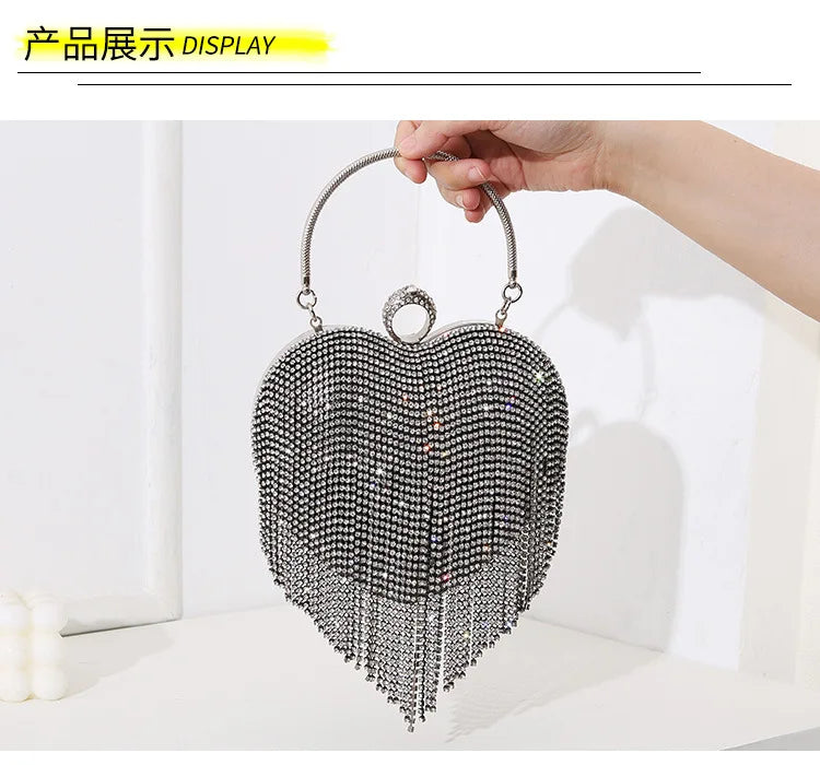 Heart Pattern Diamond Tassel Clutch