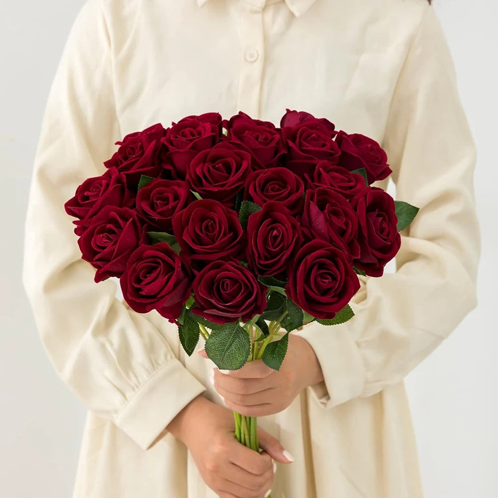 10pcs Artificial Flowers Silk Roses Long Branch Valentine's Day Bridal Bouquets Wedding Home Vase Table Decorations DIY Gift Box