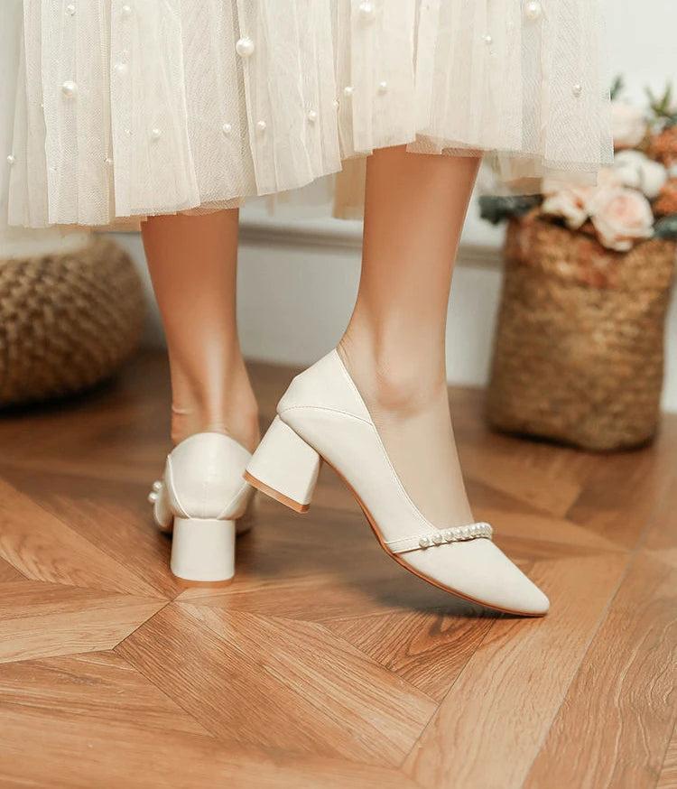 With Medium Heels Shoes for Women 2025 Wedding Bride Shoe White Ladies Summer Footwear Pearl Office Slip on Lastest Casual Trend