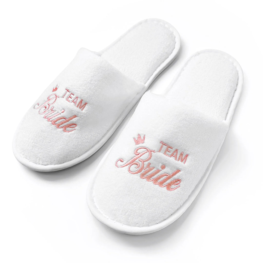 Bridal Party Slippers Set, Close-toe With Golden & Pink Embroidery, Lightweight Plush Cozy Flats, Non-slip Soft Sole For Bride