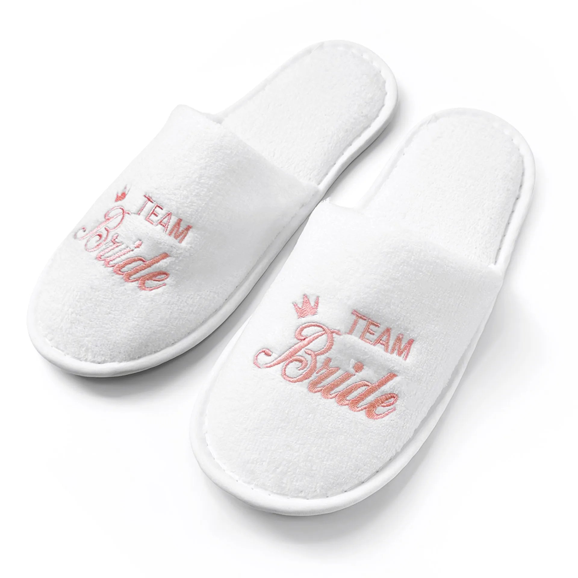 Bridal Party Slippers Set, Close-toe With Golden & Pink Embroidery, Lightweight Plush Cozy Flats, Non-slip Soft Sole For Bride