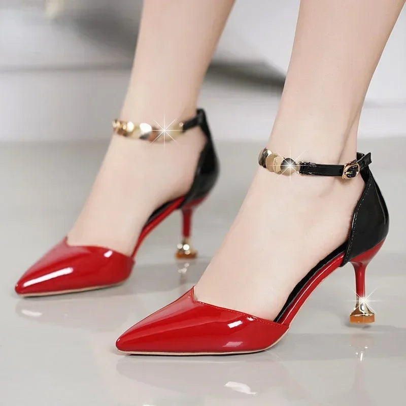 2025 Zapatos De Mujer Women Fashion Sweet Pointed Toe Buckles Strap Stiletto Heels Lady Cool Red Party Heel Shoes White Heels