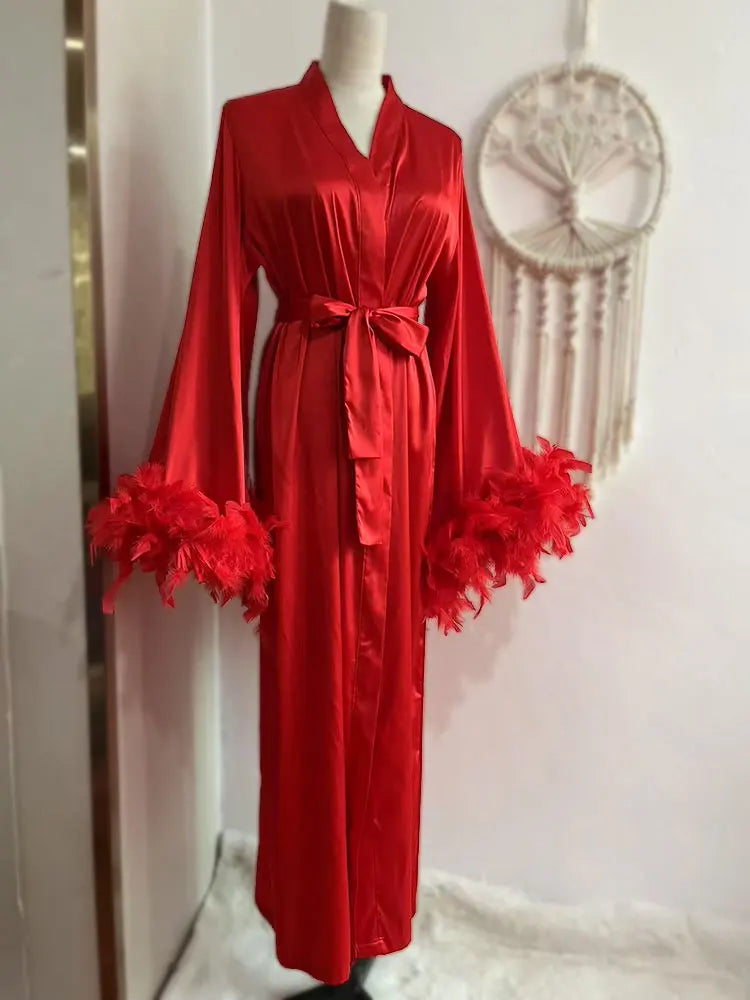 Feather Robe Long Cardinal Red Bridal Lingerie Softest Bridal Robe with Feather Boudoir Silk Kimono Bridesmaid Dressing Gown New