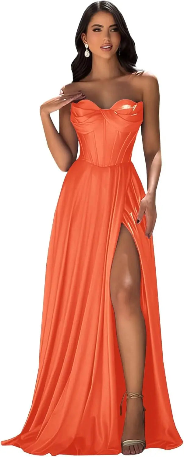 Chicbridal Women's Strapless Prom Dress Satin A-Line Long Ball Gown Sweetheart Corset Formal Dress with Pockets And Side Slit