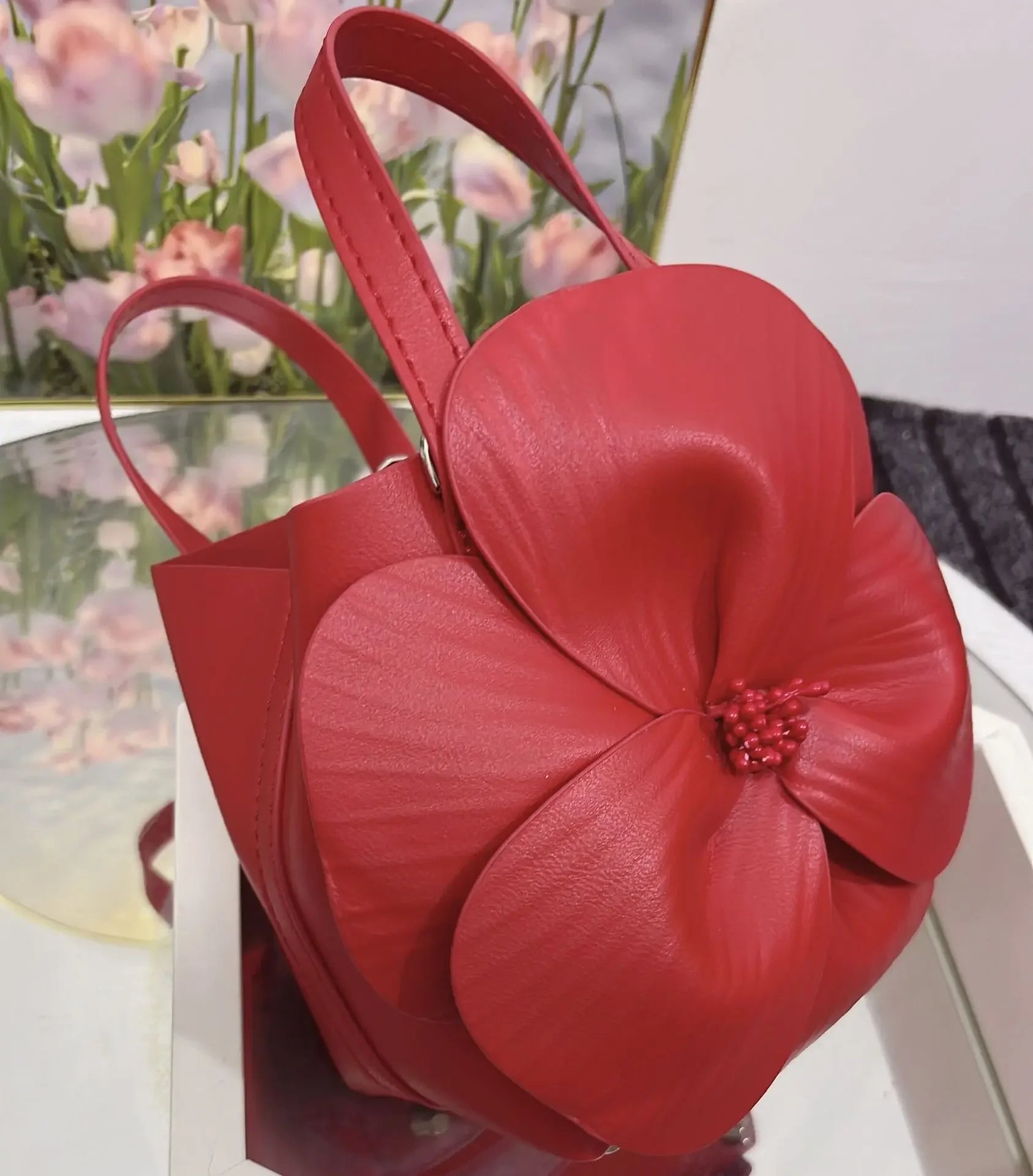 3D Floral Soft PU Leather Women Small Bucket Handbag Wedding Purse Dress Party Evening Bridal Clutch Bag