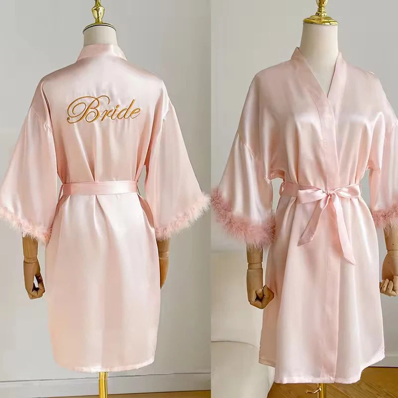Feather Trim Satin Bridal Robe