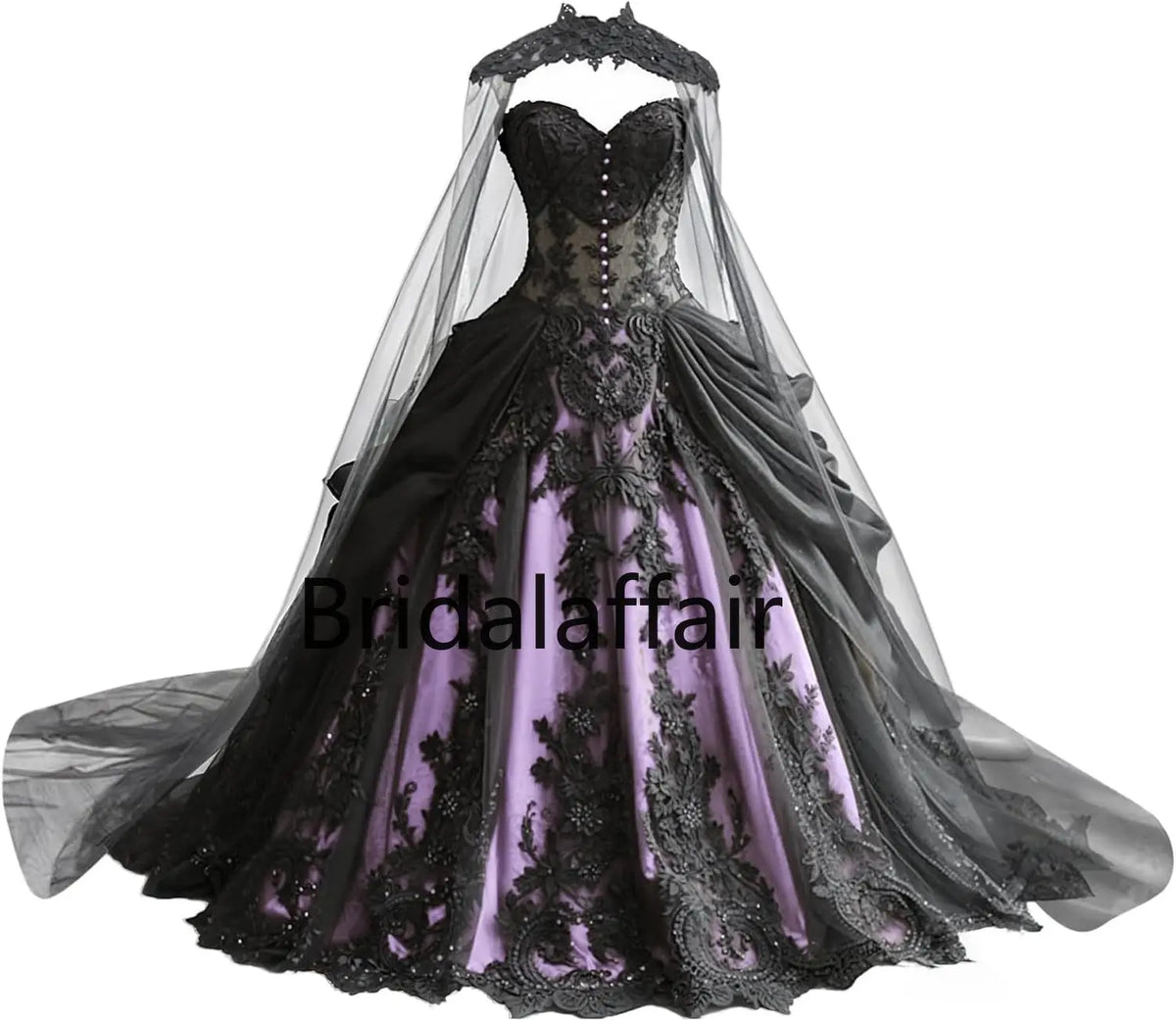 Gothic Weeding Dresses for Brides Black Lace Applique Bridal Dresses Embroidery Tiered Tulle Wedding Gowns with Cape