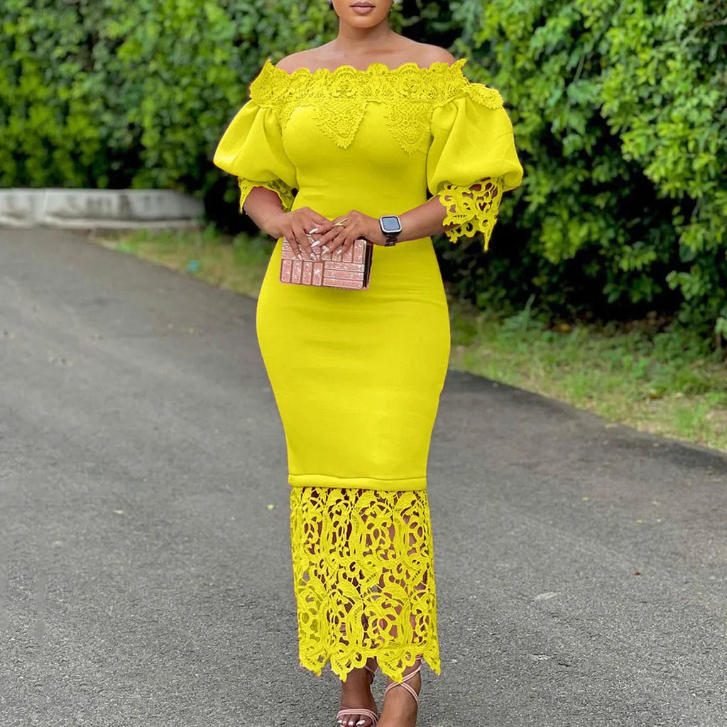 Off-Shoulder Lantern Sleeve Lace Sheath Dress