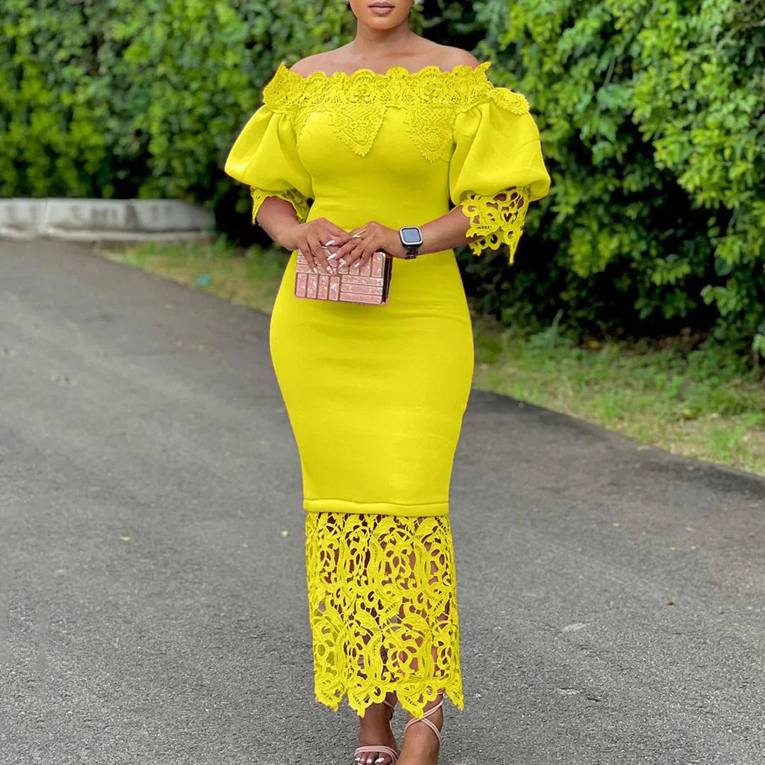 Off-Shoulder Lantern Sleeve Lace Sheath Dress