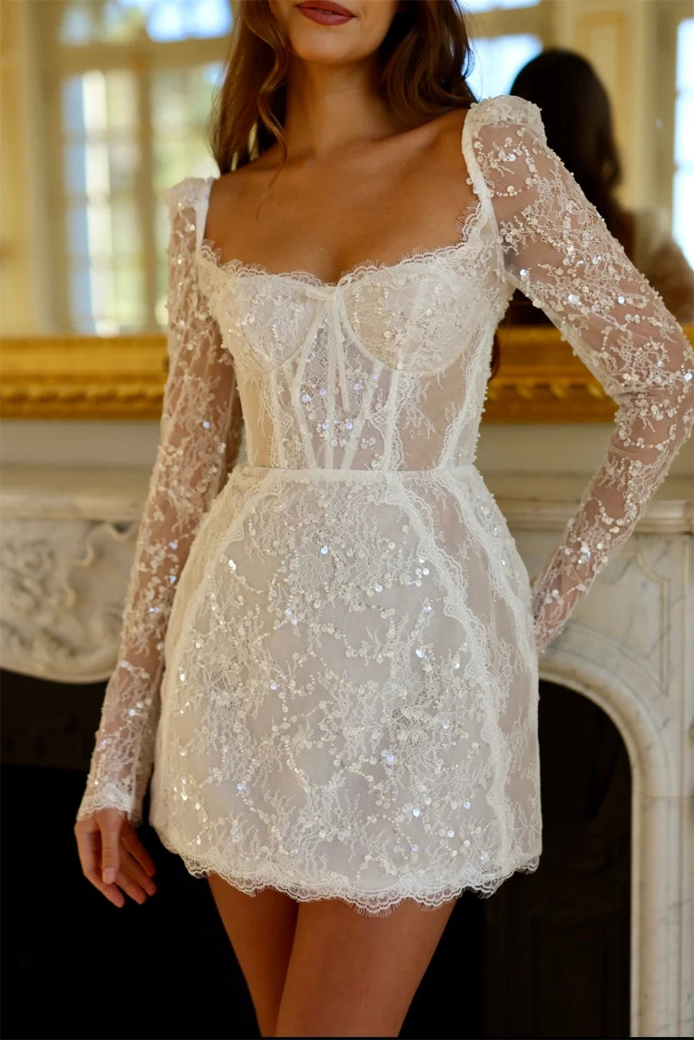 Customized Mini Skirt Square Neck Sequin Lace Wedding Dress Long Sleeves vestidos de novia Lace-up Back Short Gown After Party