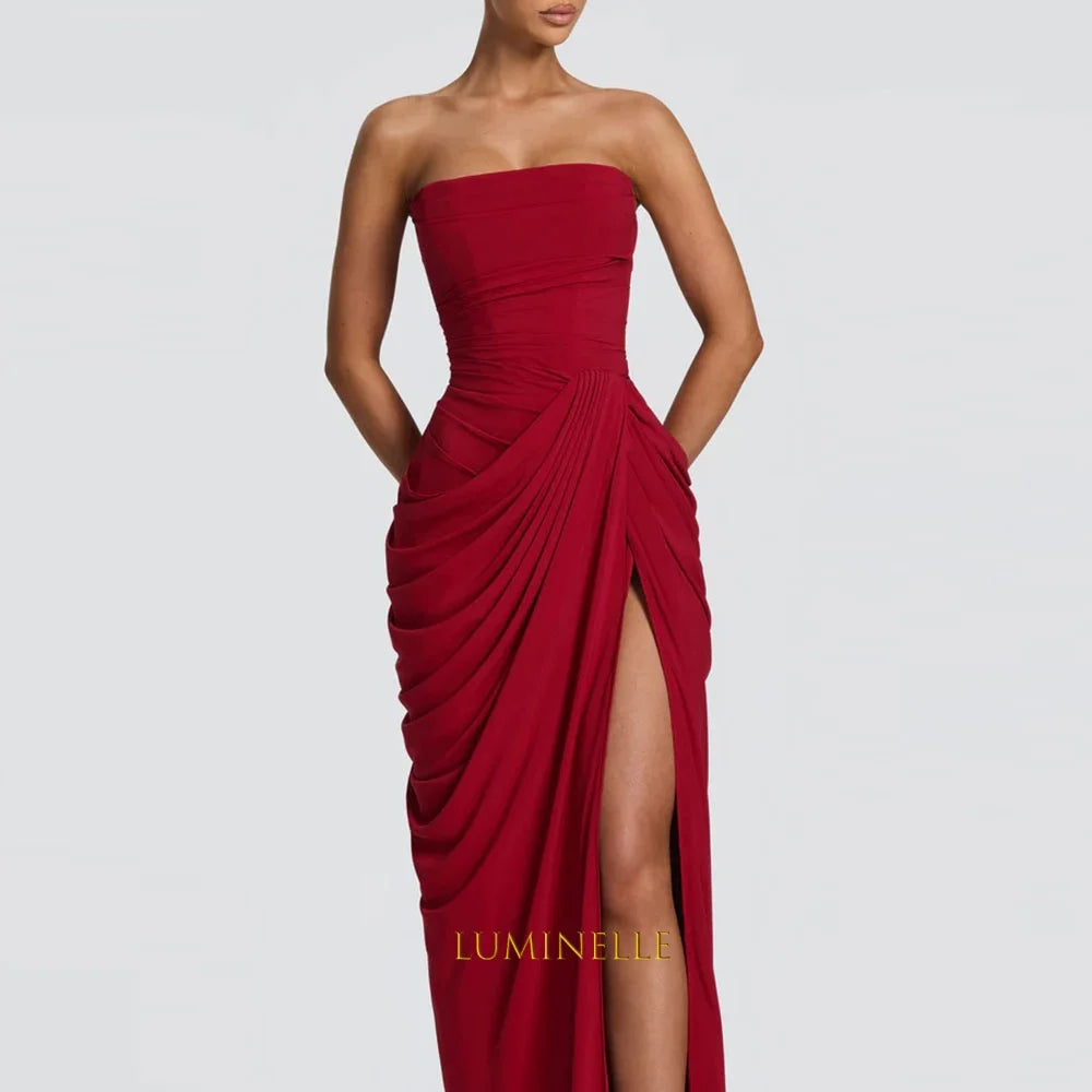 Strapless Ruched Chiffon Evening Dress with Slit