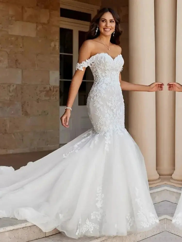 Boho Off The Shoulder Woman's Wedding Dresses 2026 Appliques Mermaid Fuffy Tulle Bride Gowns Formal Vestidos De Novia Customized