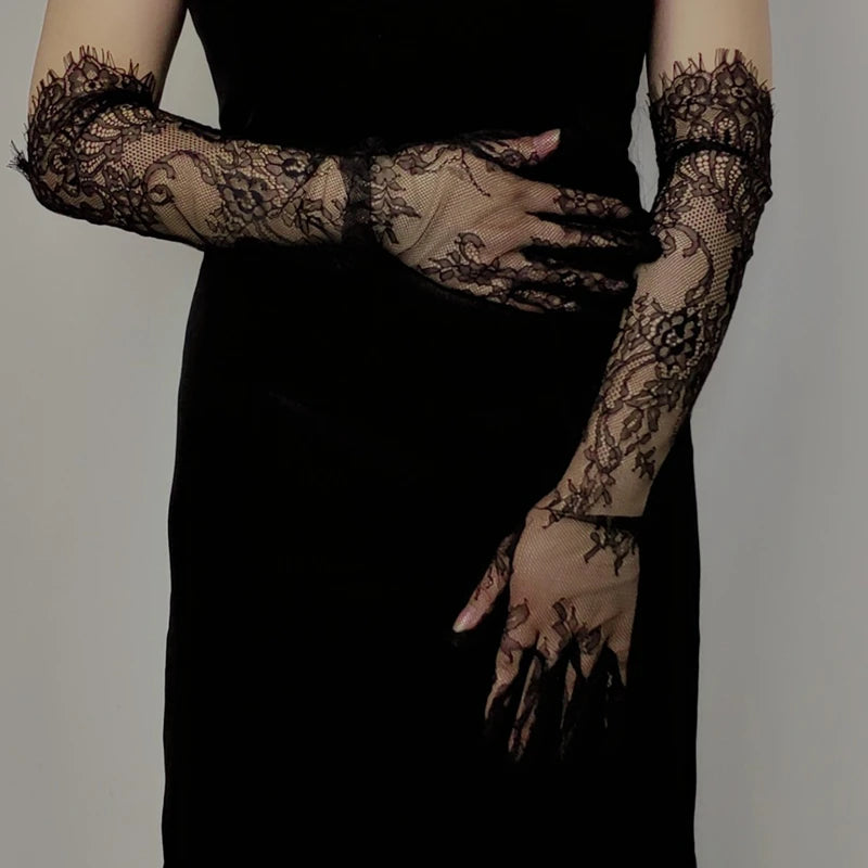 Fairy Long Black Lace Gloves Sexy Mesh Hollow Out Bridal Glove Thin Sunscreen Elbow Gloves Wedding Dress Photography Accessories
