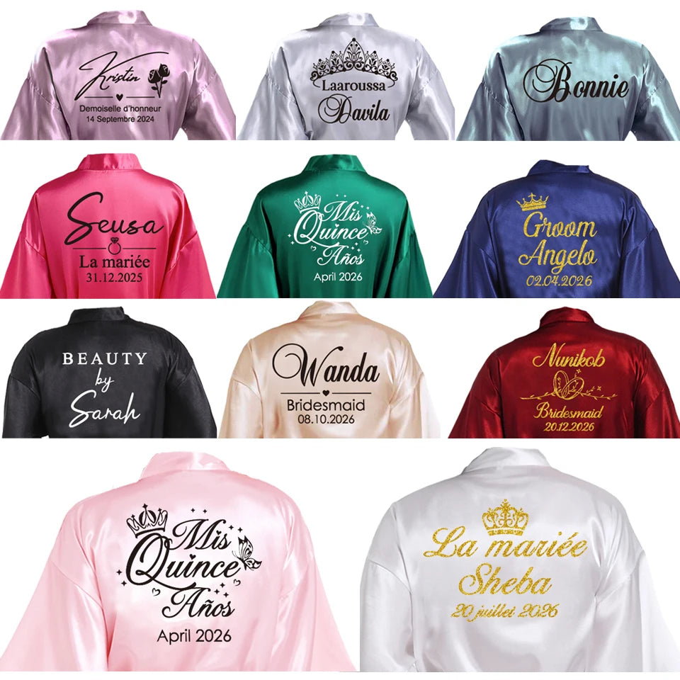 Customized Name Date Wedding Bathrobe Faux Silk Bridal Robe Bride Bridesmaid Wedding Robes Woman Bachelorette Hen Party