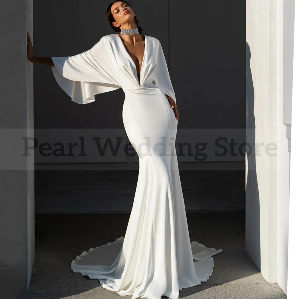 Elegant V-Neck Wedding Dress Illusion Tulle Back with Buttons Bride Batwing Sleeves Mermaid Floor Length Marriage Custom Gown