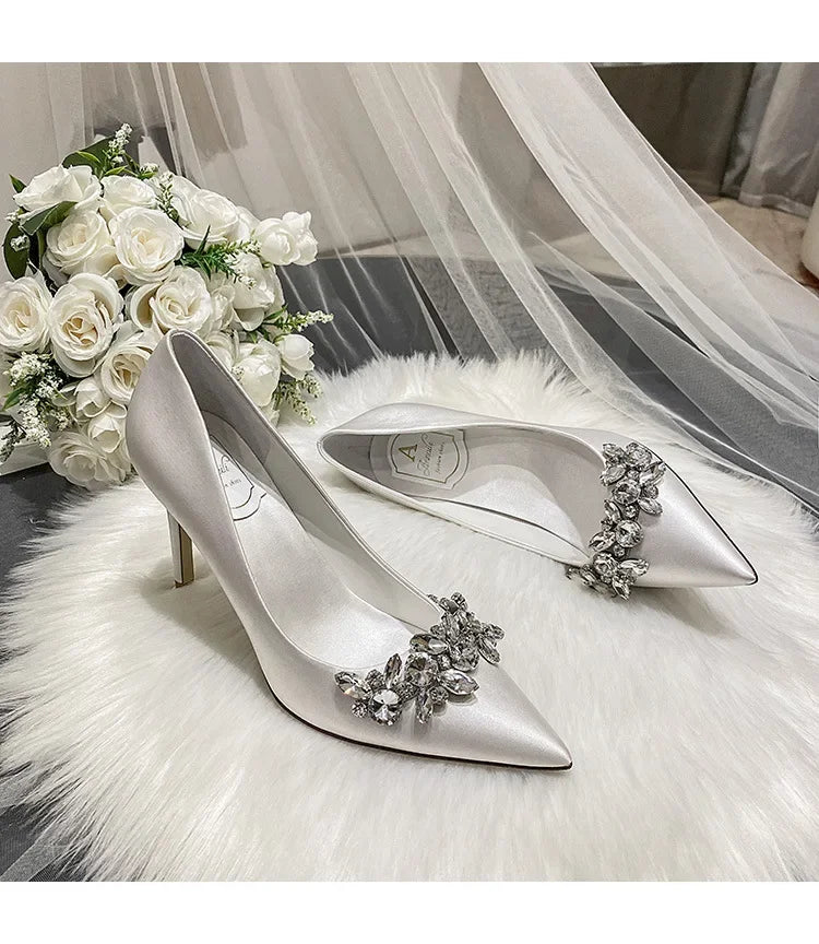 New White Champagne Women Bridal Wedding Shoes Faux Silk Satin Rhinestone Crystal Shallow Pumps Stiletto High Heel