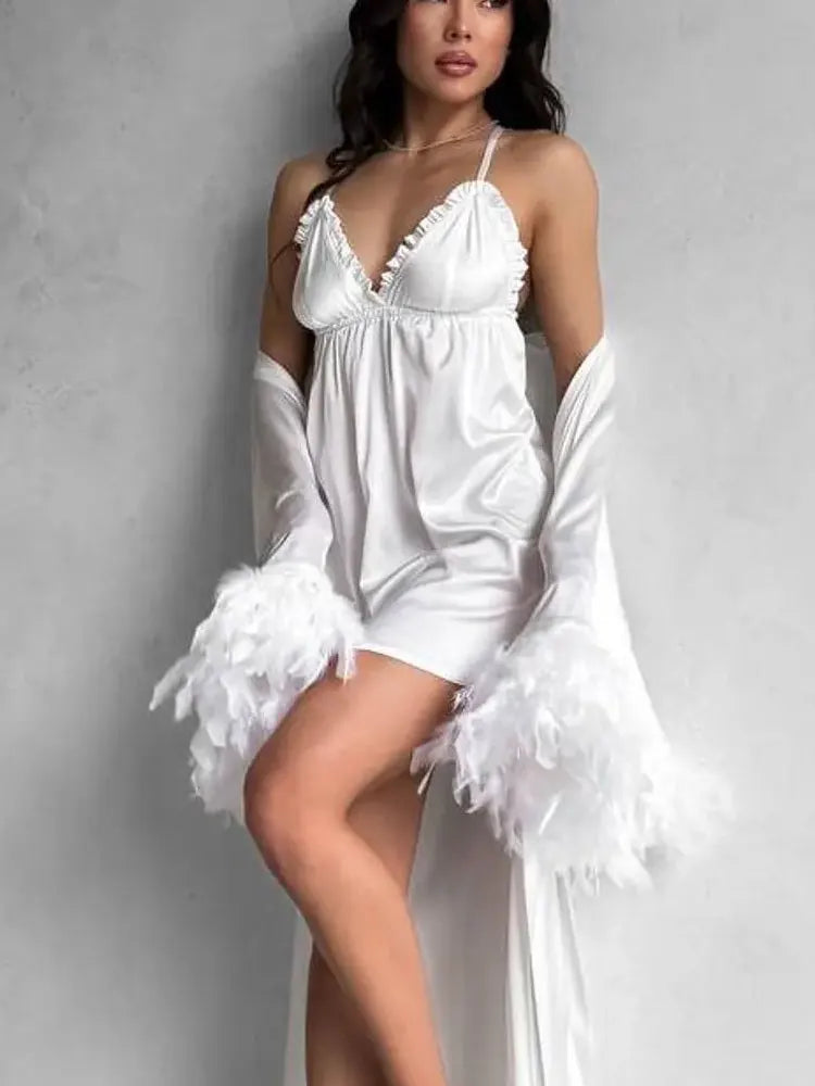 Boudoir Robe and Nightgown Bride Long Robe with Feather Sleeves White Bridal Silk Dressing Gown Bridesmaid Robes Bridesmaid Gift