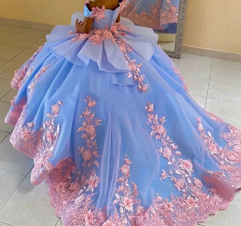 Off-Shoulder Blue Flower Girl Dress