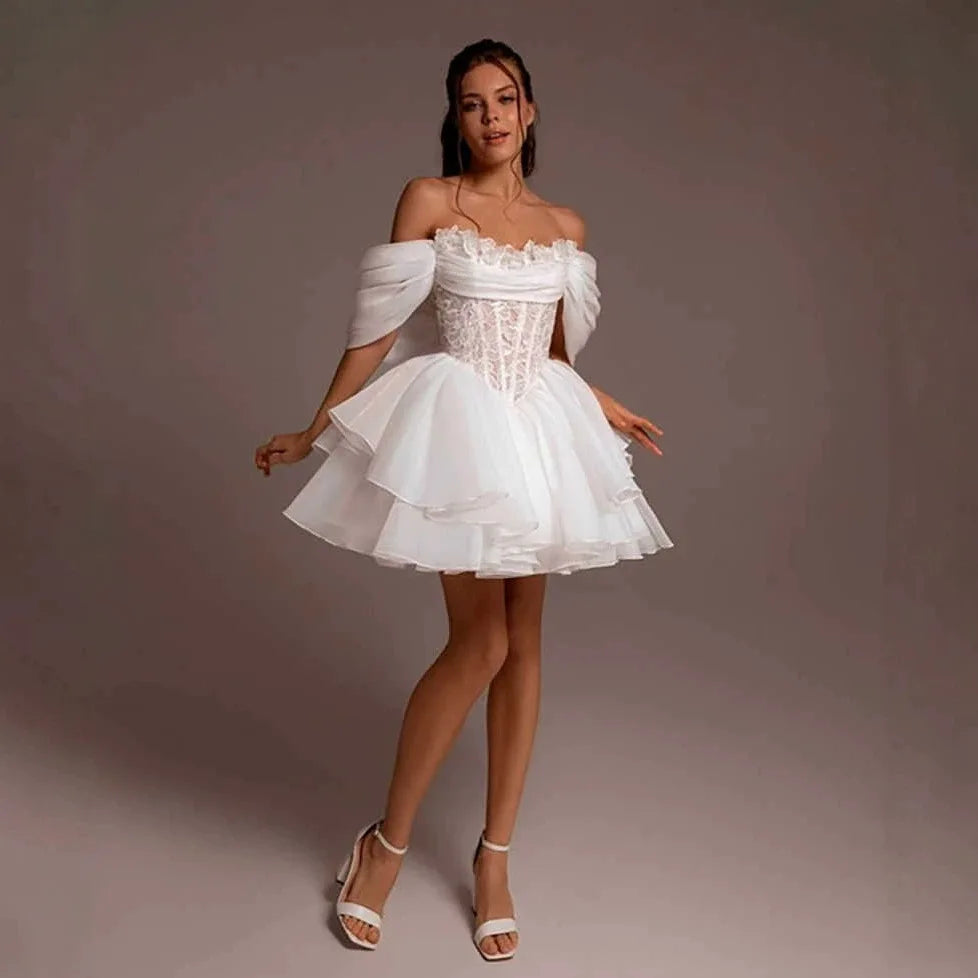 Short Off-Shoulder Tiered Lace Wedding Dress
