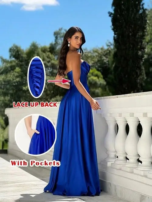 Chicbridal Women's Strapless Prom Dress Satin A-Line Long Ball Gown Sweetheart Corset Formal Dress with Pockets And Side Slit
