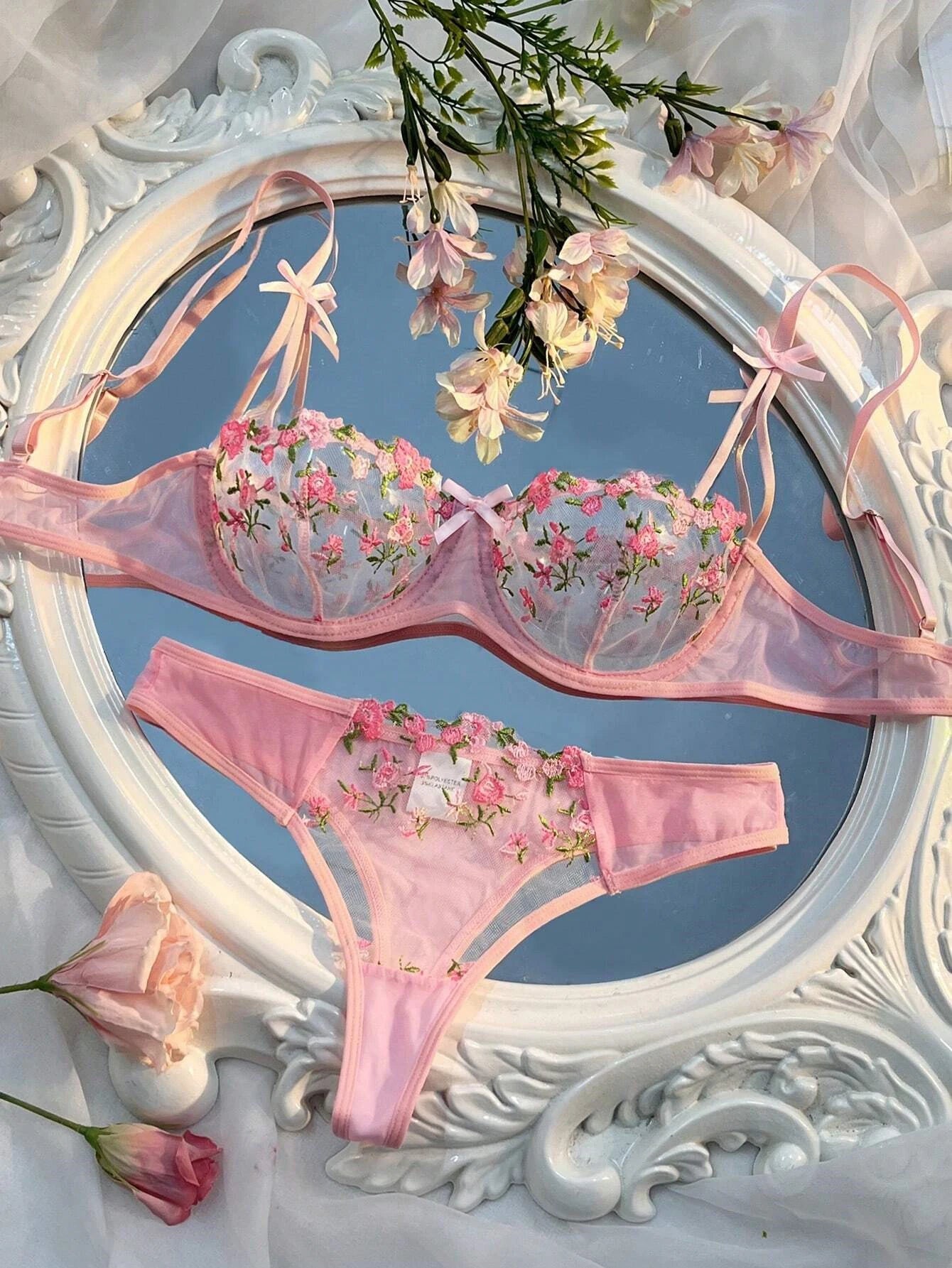 Erotic Lingerie Female Bra And Brief Women Floral Embroidory Underwear Set Sexy Lace Transparent Sensual Push Up Lingerie Sets