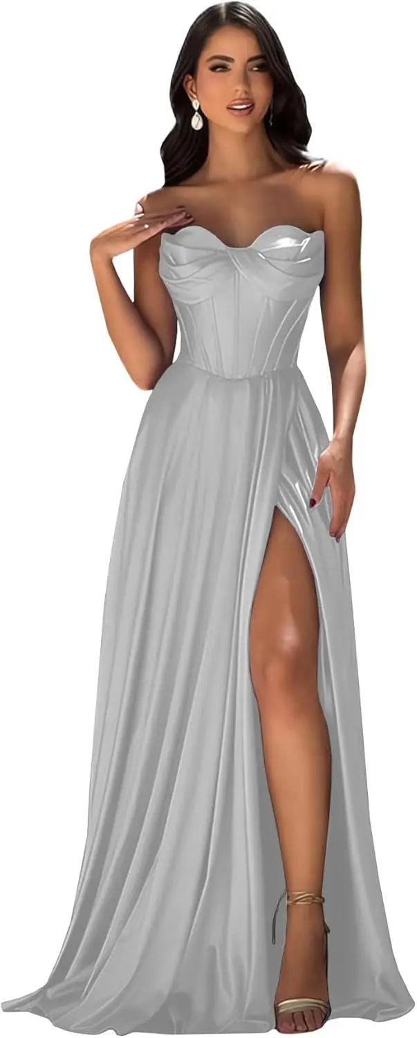 Chicbridal Women's Strapless Prom Dress Satin A-Line Long Ball Gown Sweetheart Corset Formal Dress with Pockets And Side Slit