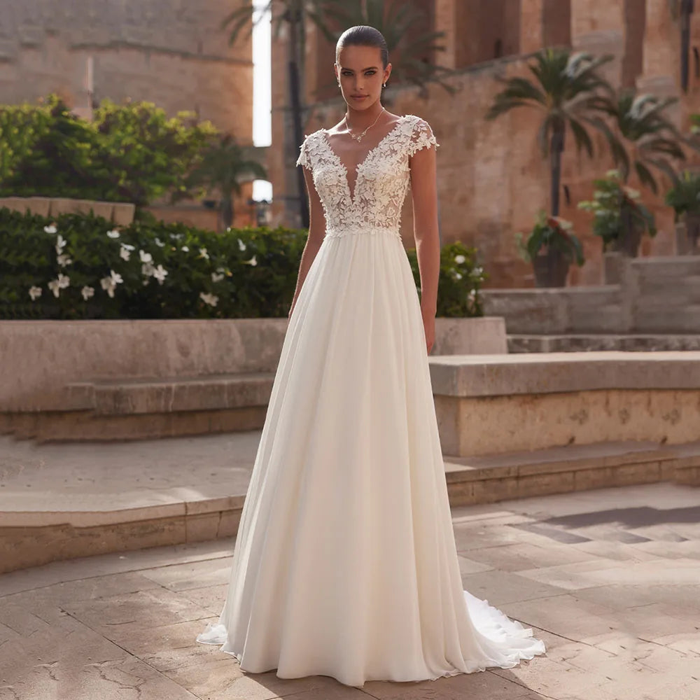 V-Neck Cap-Sleeve Backless Lace Boho A-Line Wedding Dress