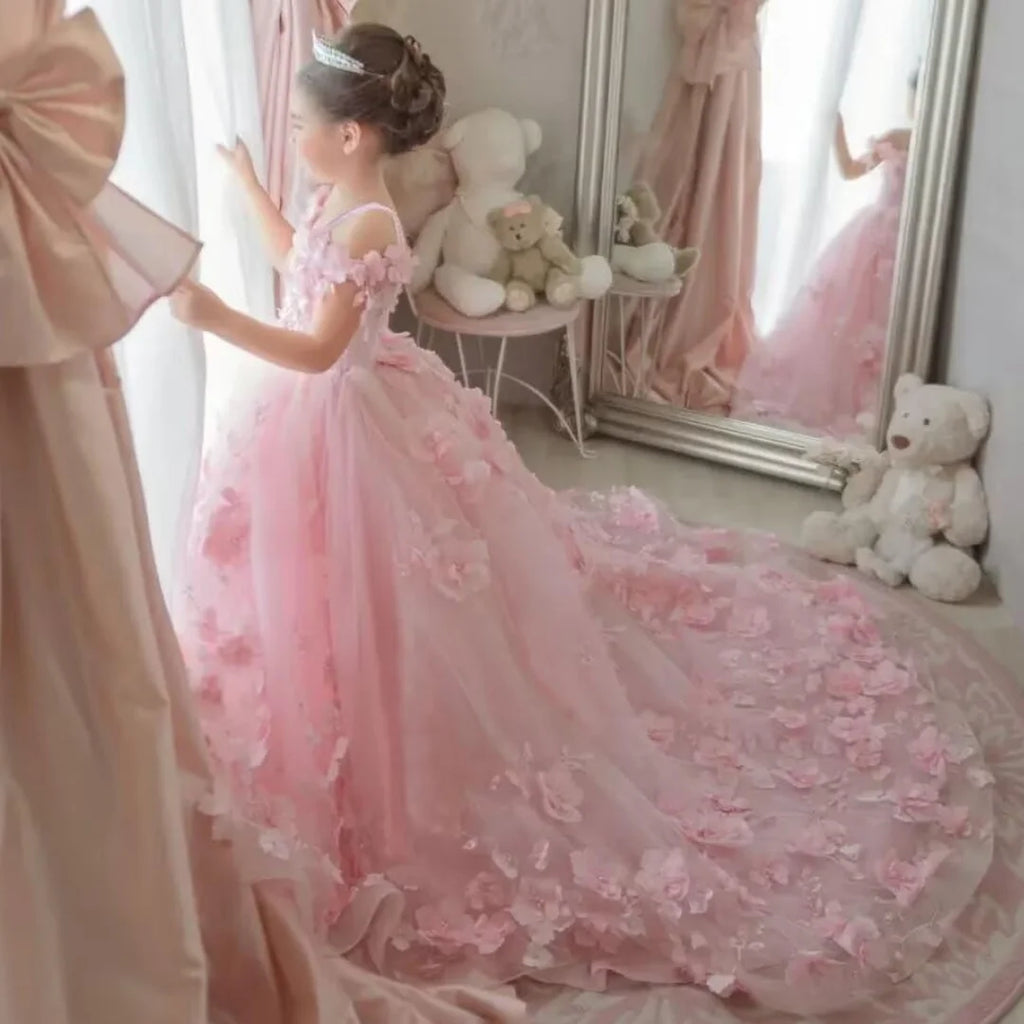 Off-Shoulder Pearl Tulle Flower Girl Dress
