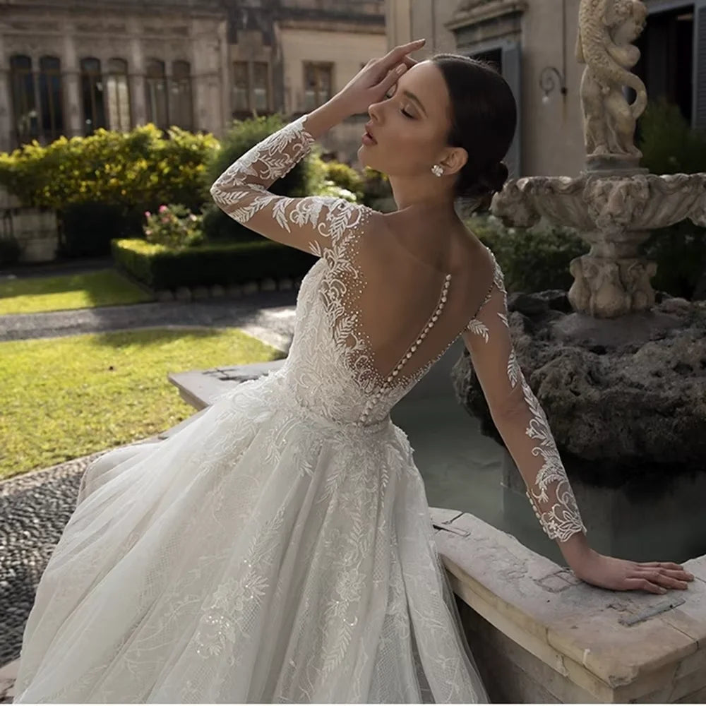 Customized Luxury Mermaid Wedding Dress  O-neck Long Sleeve Tulle Backless Bridal Gown Detachable Trailing Marriage Dress