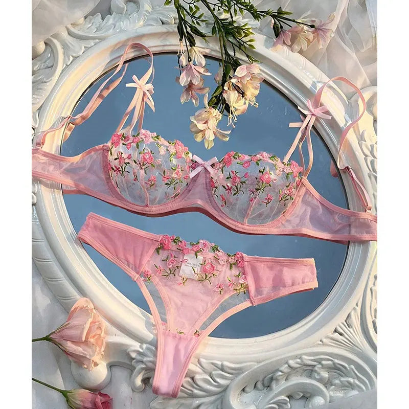 Erotic Lingerie Female Bra And Brief Women Floral Embroidory Underwear Set Sexy Lace Transparent Sensual Push Up Lingerie Sets
