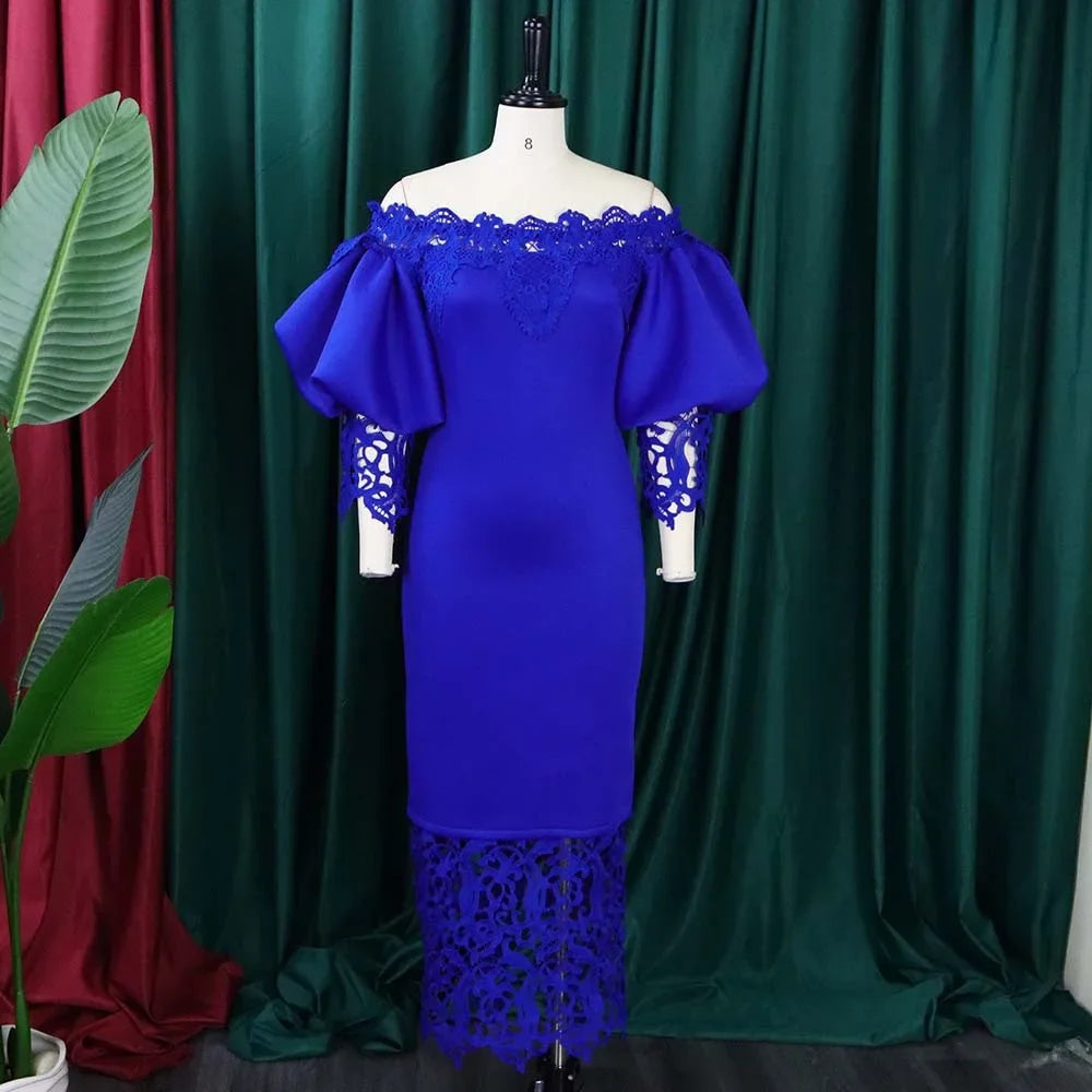 Off-Shoulder Lantern Sleeve Lace Sheath Dress