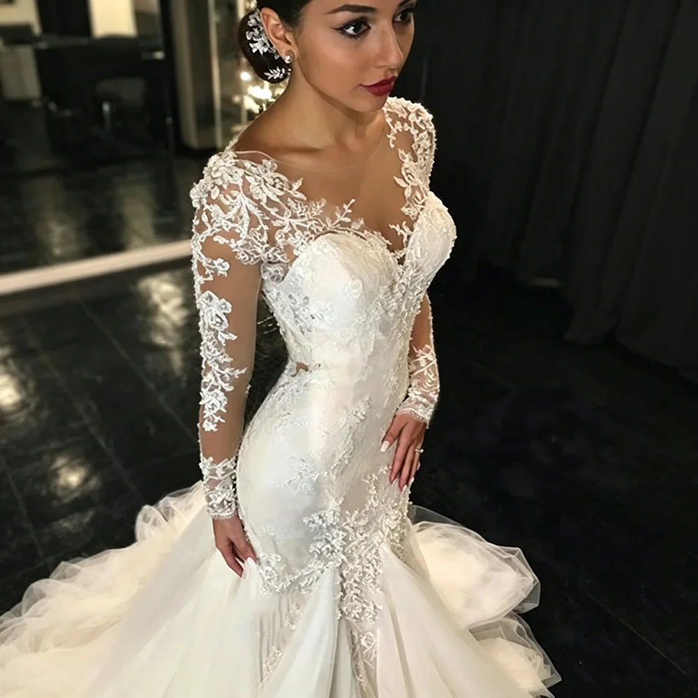 Long Sleeve Mermaid Wedding Dresses Sheer V Neck Lace Appliques Illusion Back Bridal Gown Sweep Train Tulle Vestido De Novia