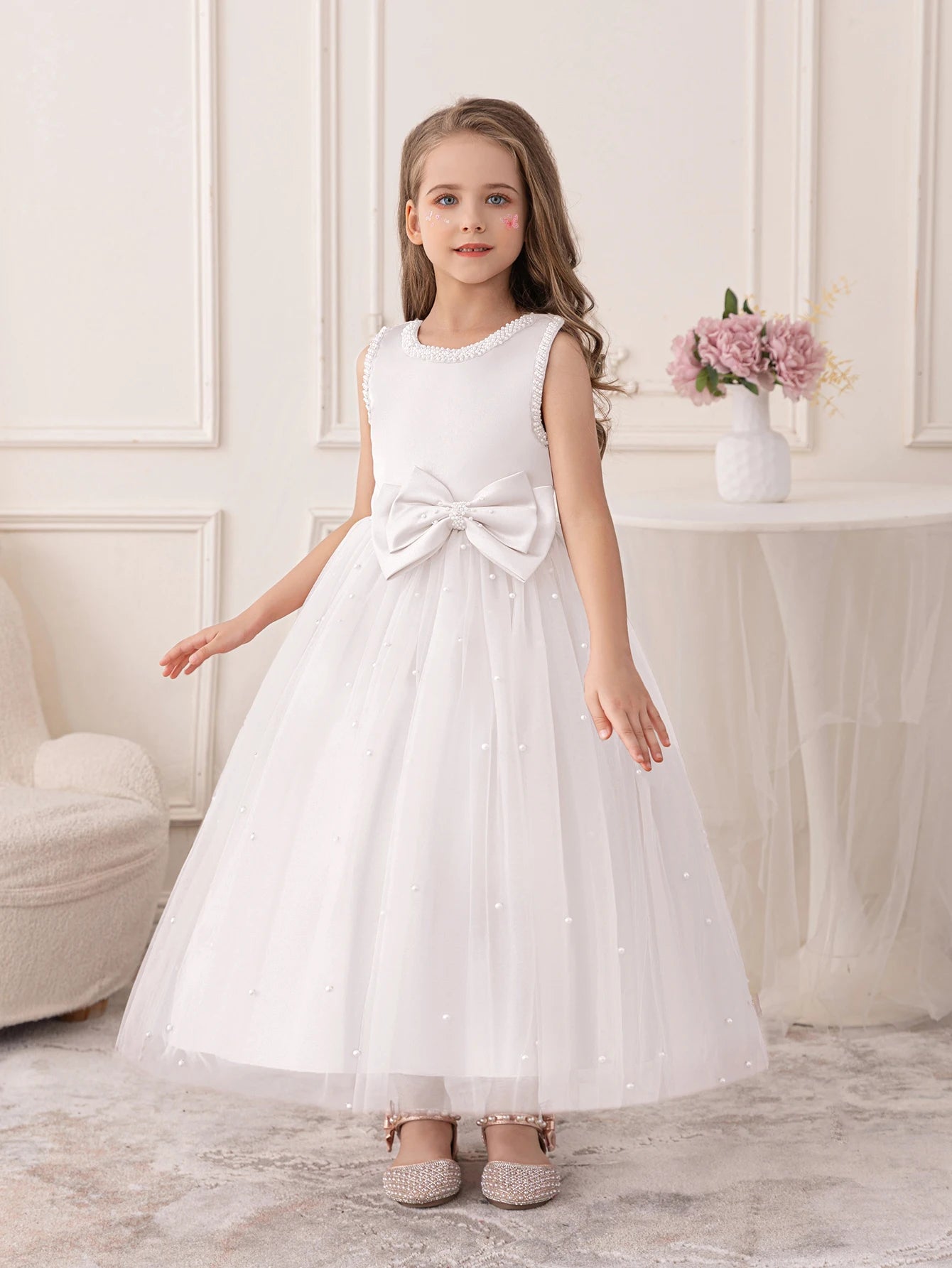 Girls Wedding White Dress Puffy Gauze Skirt Flower Children's Skirt Bridesmaid Evening Dress