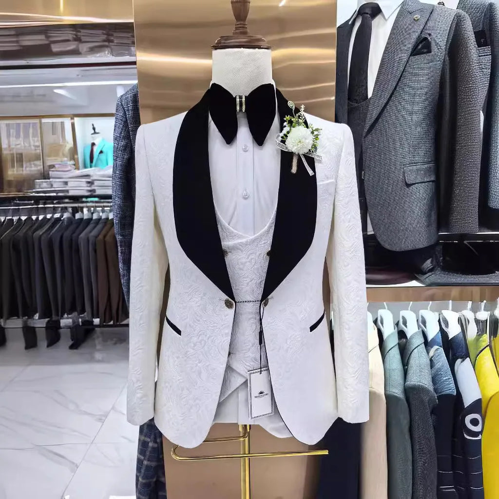 Thorndike Mens Wedding Suits White Jacquard with Black Satin Collar Tuxedo3 Pcs Groom Terno Suits for Men(Jacket+Vest+Pants)