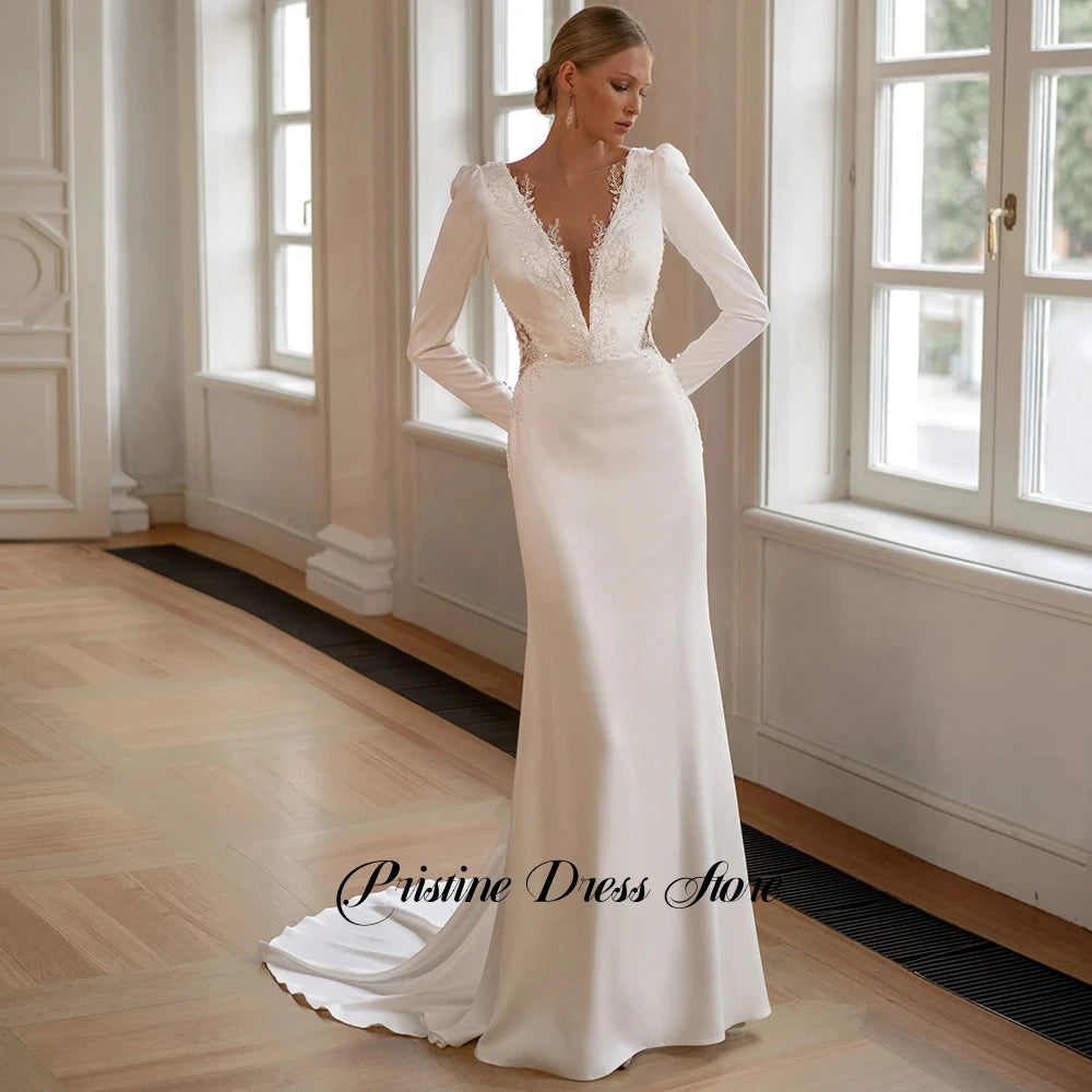 Long Sleeve Jersey Deep V Sheath Wedding Dress