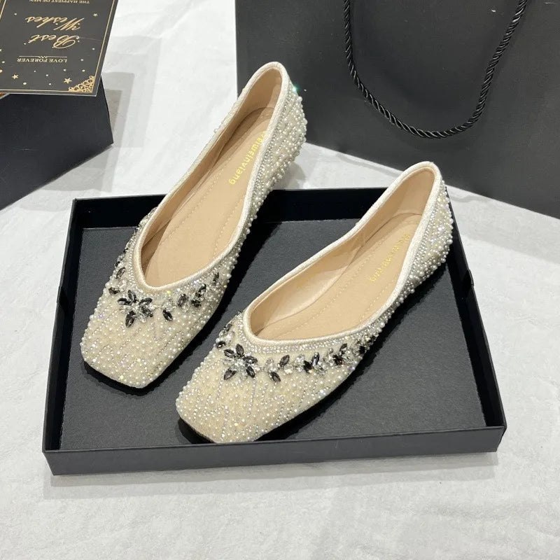 Luxury String Bead Rhinestone Brand Flat Shoes Women Comfort Square Toe Shallow Design Shoes Fashion Elegant Wedding Bridal Shoe