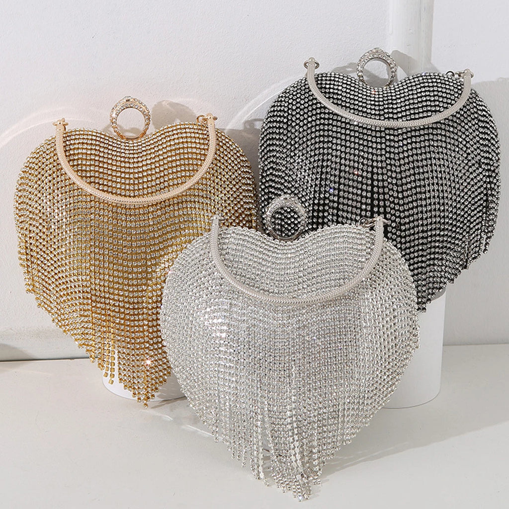 Heart Pattern Diamond Tassel Clutch