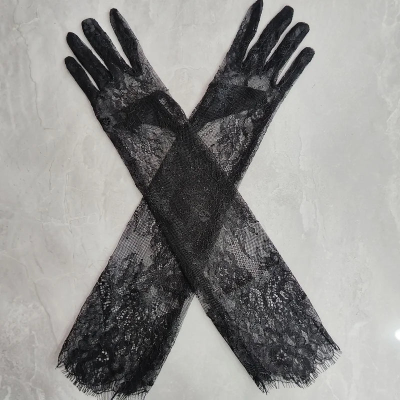 Fairy Long Black Lace Gloves Sexy Mesh Hollow Out Bridal Glove Thin Sunscreen Elbow Gloves Wedding Dress Photography Accessories