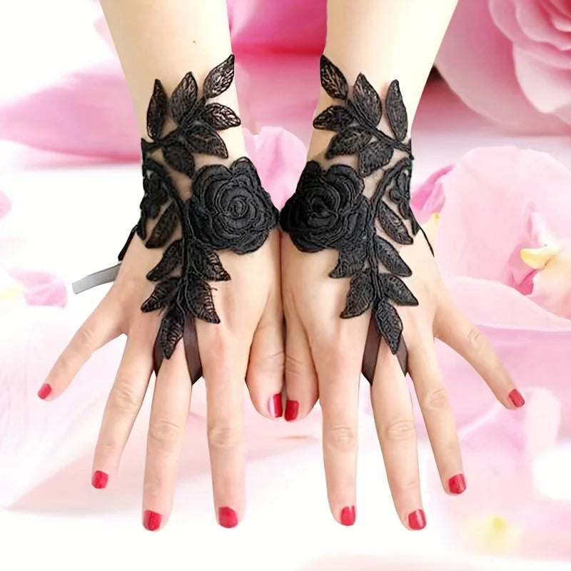 Lace Bridal Gown Gloves Handmade Fingertip-less Gloves for Western Theme Wedding Party, Women's Sleeveless Gloves