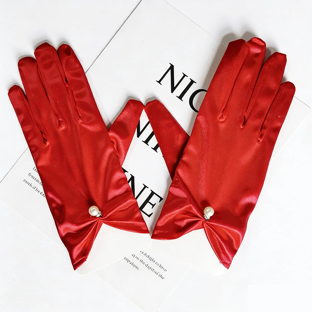 Short Satin Bridal Gloves with Pearls and Bows