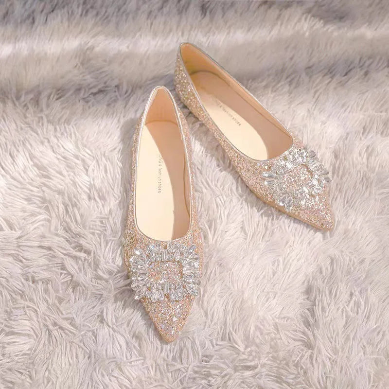 Comemore Champagne Color Flat Shoes Female Pointed Autumn Summer New Silver Low Heel Rhinestone Wedding Bridal Shoe Pumps