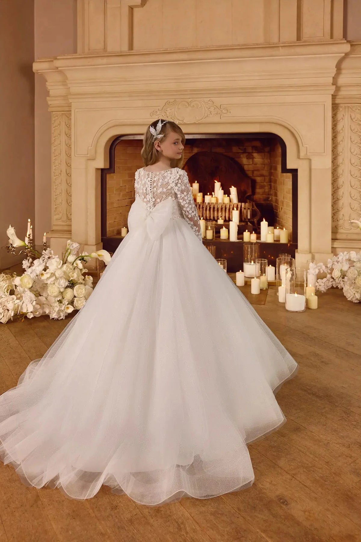 White Tulle Flower Girl Dresses For Wedding Long Sleeve Lace Princess Birthday Party Gowns Customized First Communion Dress
