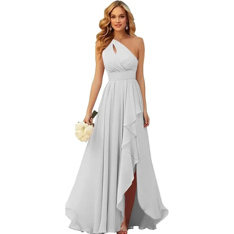 A Line Chiffon Bridesmaid Dresses One Shouder Slit Pleat Elegant Wedding Party Formal Prom Evening Lace Up Back