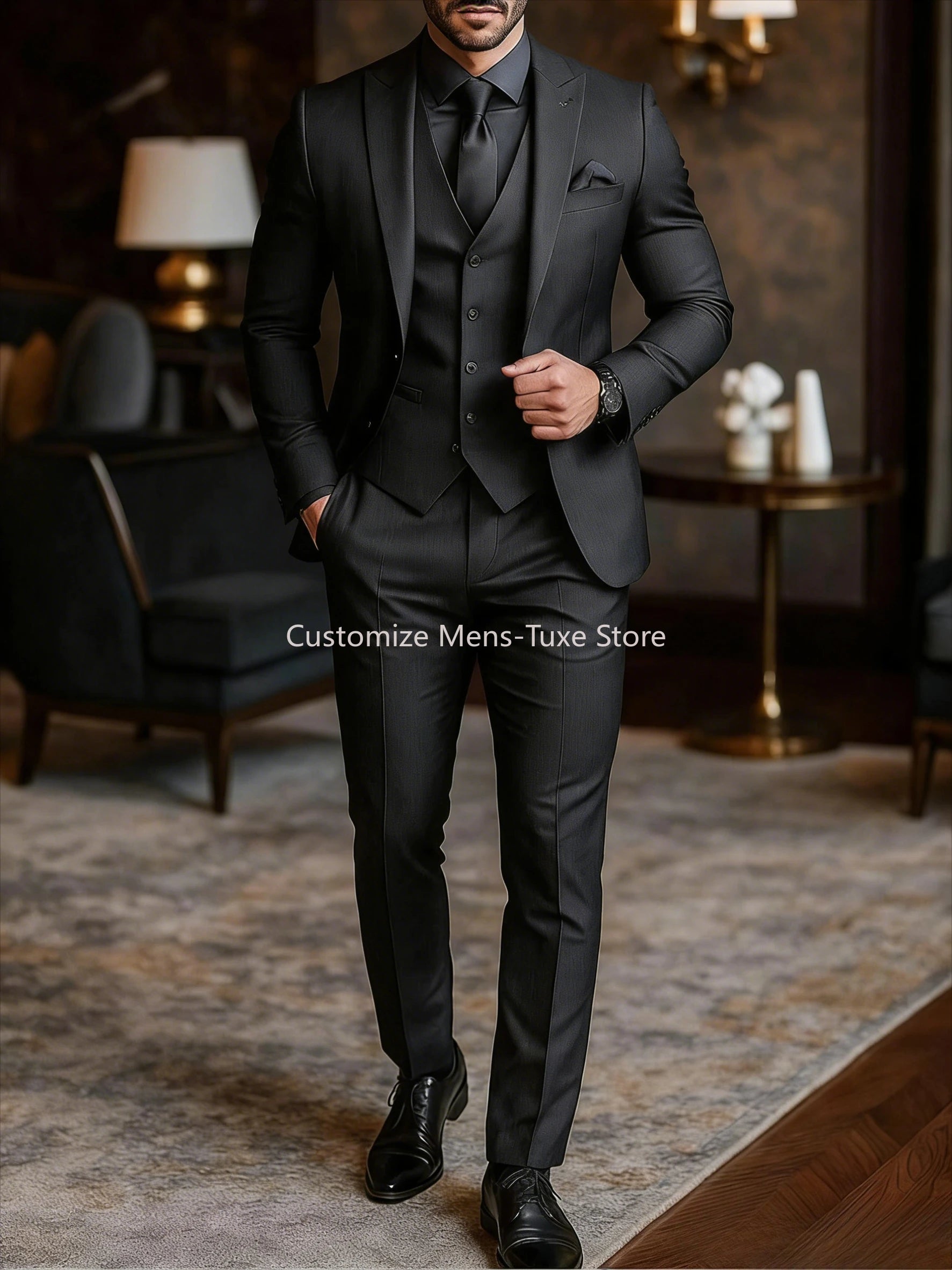 Men 3 Piece Suit Wedding Tuxedo For Groom Slim Fit Suit With Vest  Black Formal Suit Business Men Suits