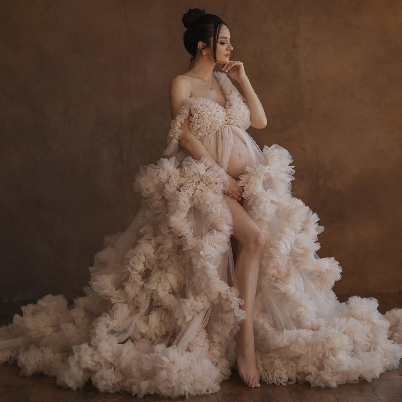 Maternity Dresses for Photography Luxury Ruffles Slit Plus Size Baby Shower Dress Flowy Empire Waist Robes Tulle Wrap Customized