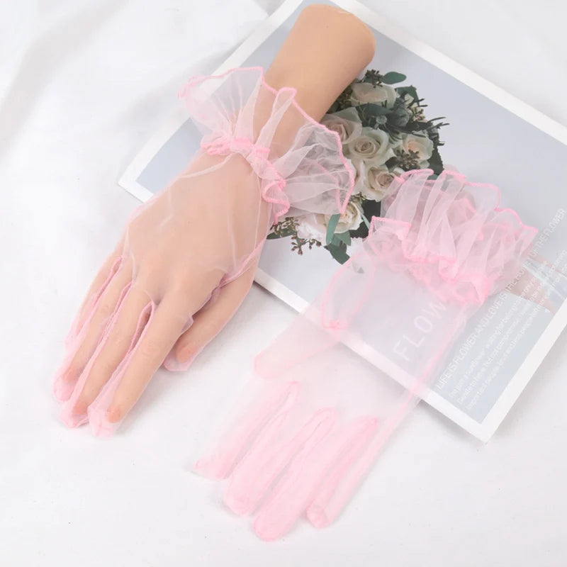 Wedding Gloves Ruffle Summer Women Short Tulle Gloves White Black Wedding Lace Full Finger Mittens Mesh Translucent Gloves